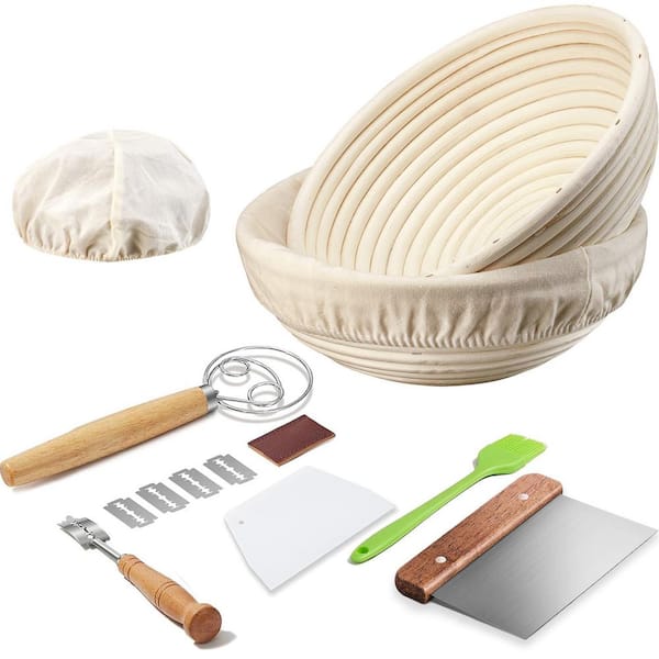 Beige Handmade Rattan Round Bread Proofing Basket Set with Liners, 2-Piece 9 in. Sourdough Banneton Bowls for Baking