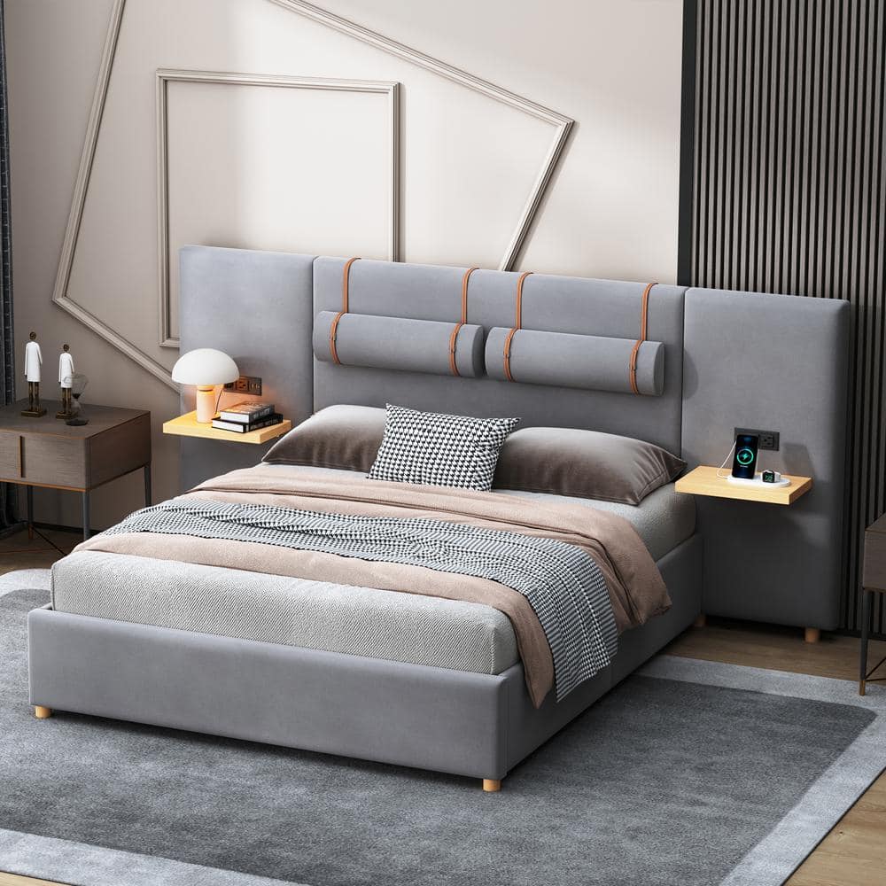 Gray Wood Frame Queen Velvet Upholstered Platform Bed with Outlets and USB Charging Ports on Both Sides, Storage Shelves -  Harper & Bright Designs, NT100AAE-Q