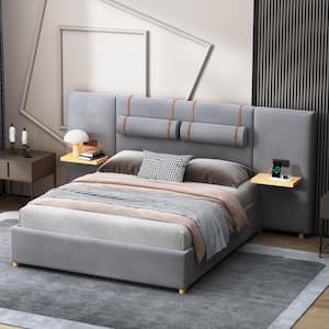 Gray Wood Frame Queen Velvet Upholstered Platform Bed with Outlets and USB Charging Ports on Both Sides, Storage Shelves