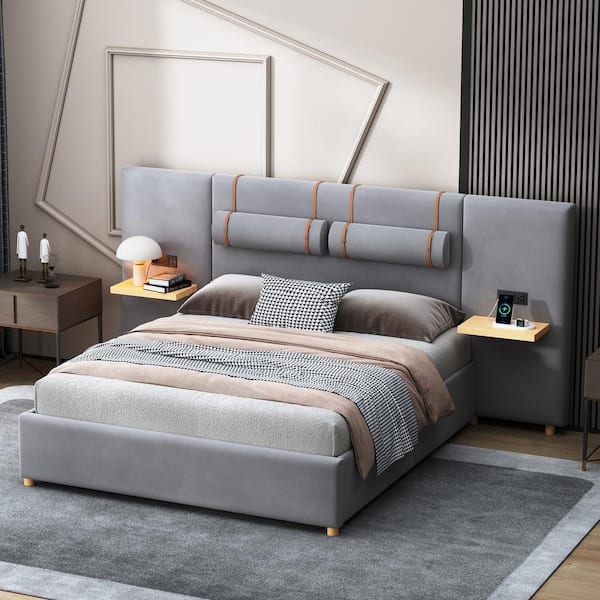 Harper & Bright Designs Gray Wood Frame Queen Velvet Upholstered Platform Bed with Outlets and USB Charging Ports on Both Sides, Storage Shelves