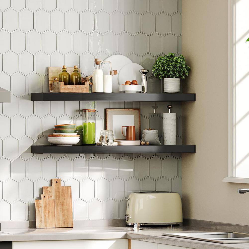 31.5 Inch Black Wood Floating Wall Shelves Set of 2