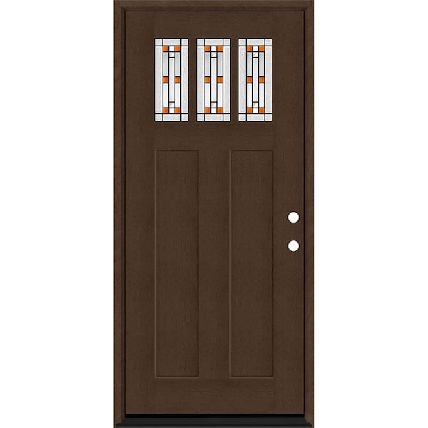 Steves & Sons Regency 36 in. x 80 in. 3-Lite Amberton Decorative Glass LHIS Hickory Fir Grain Fiberglass Prehung Front Door