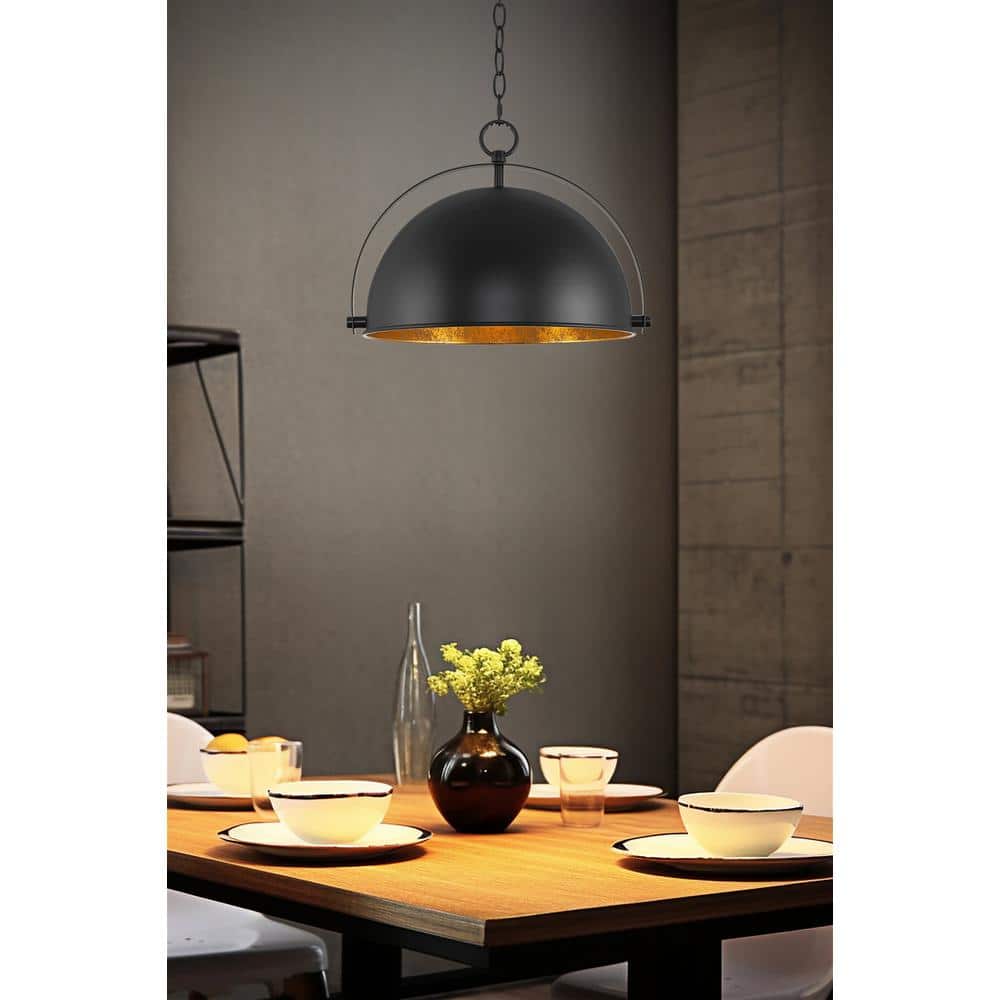 Sulis 14.5" Black Metal Dome Pendant Light with Gold Accents