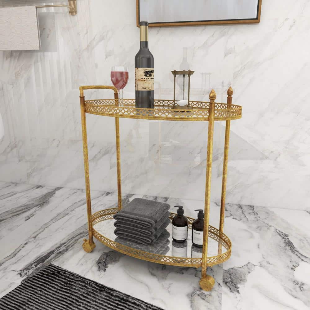 Gold Oval Iron Rolling Bar Cart with Glass Shelves