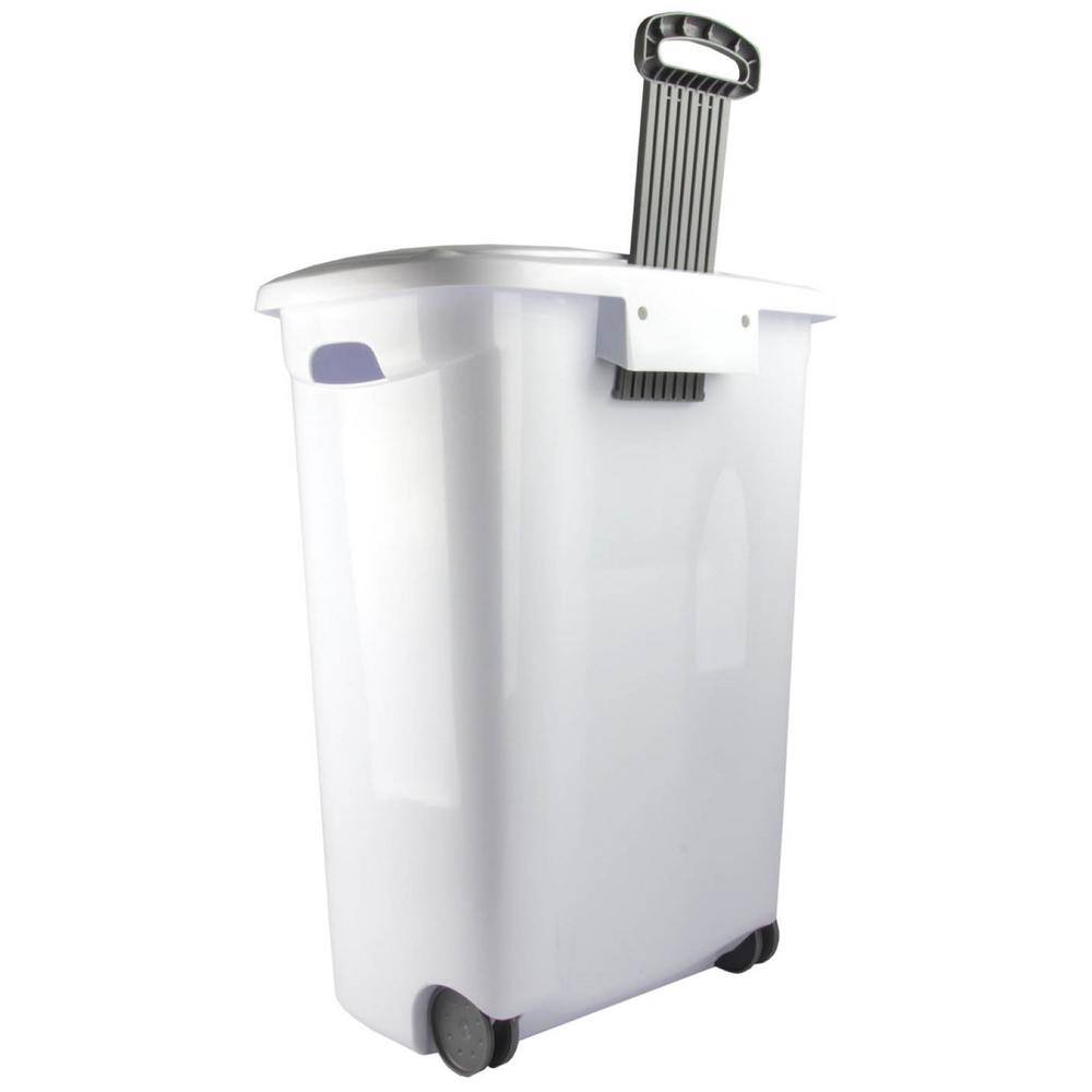 White Plastic Upright Laundry Hamper with Wheels and Lid
