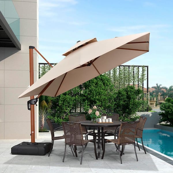 PURPLE LEAF 10 ft. Square High-Quality Wood Pattern Aluminum Cantilever Patio Umbrella with Stand, Beige