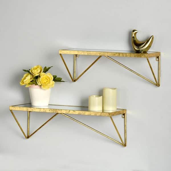 Set of Two Gold Finish Shelves with Hooks