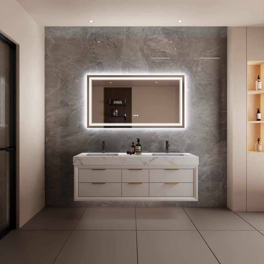 55 in. W x 30 in. H Rectangular Frameless Wall Mounted LED Bathroom Vanity 