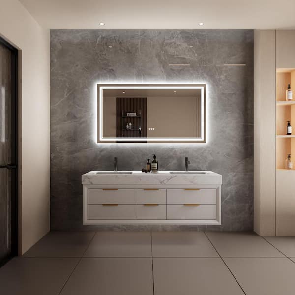 Unbranded 55 in. W x 30 in. H Rectangular Frameless Wall Mounted LED Bathroom Vanity Mirror in Silver