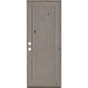 32 in. x 96 in. Rustic Knotty Alder 2-Panel Square Top Right-Hand/Inswing Grey Stain Wood Prehung Front Door