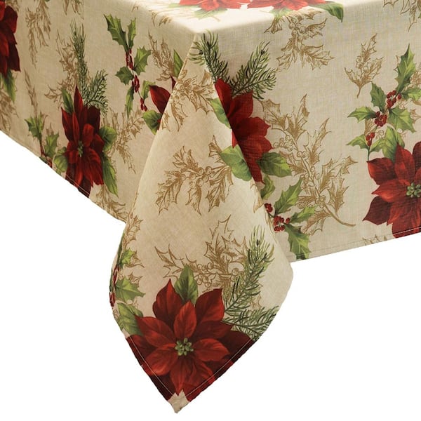 Threadmade Home Festive Poinsettia Holiday Fabric Tablecloth, Multicolor - 60"W x 84"L
