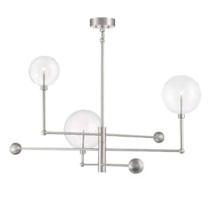 46 in. W x 25 in. H 3-Light Brushed Nickel Chandelier with Clear Orb Glass Shades, LED Light Bulbs and Adjustable Arms