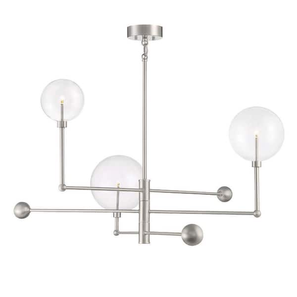 TUXEDO PARK LIGHTING 46 in. W x 25 in. H 3-Light Brushed Nickel Chandelier with Clear Orb Glass Shades, LED Light Bulbs and Adjustable