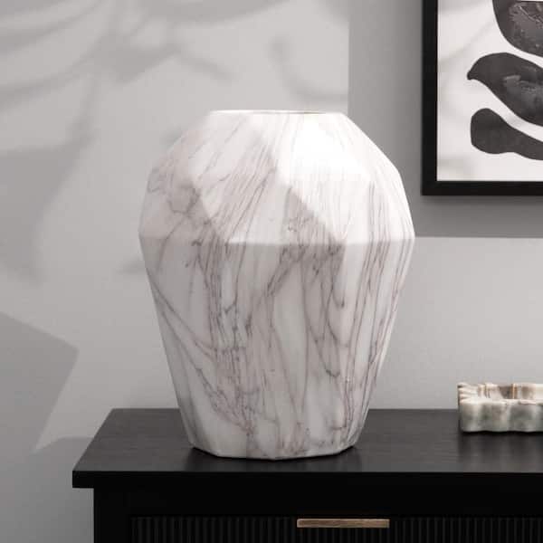 12 in. White Faux Marble Ceramic Decorative Vase