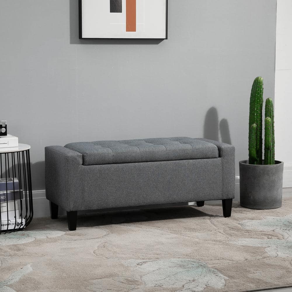 Gray Linen Upholstered Storage Bench with Lift Top