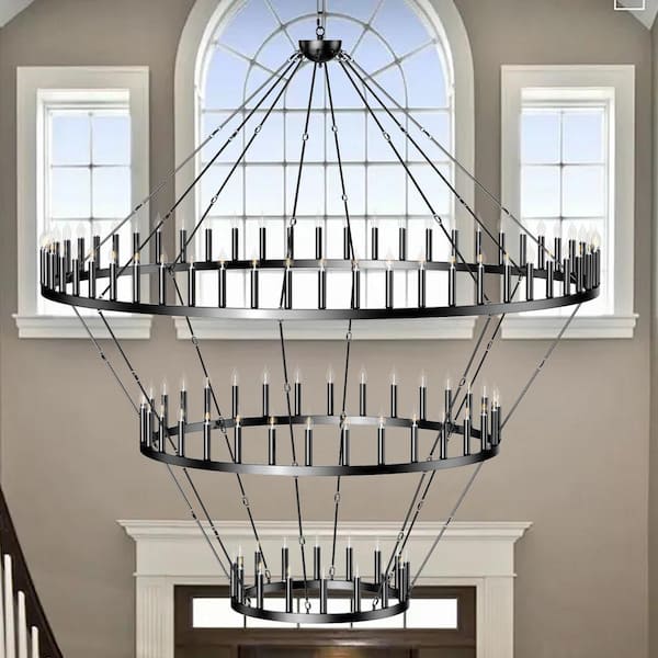 3 Tier Extra Large Wagon Wheel Chandelier for High Ceiling, 96-Lights Black Farmhouse Chandelier Rustic Light Fixtures
