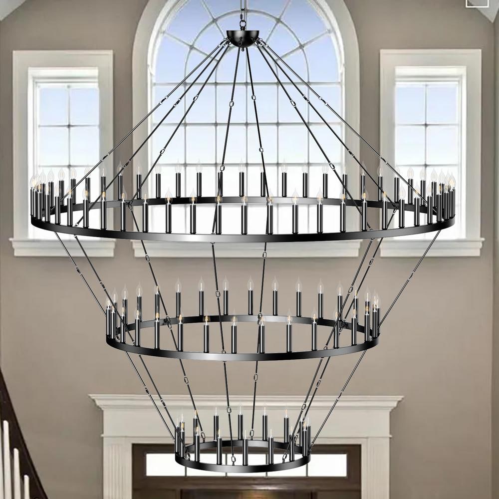 3 Tier Extra Large Wagon Wheel Chandelier for High Ceiling, 96-Lights Black