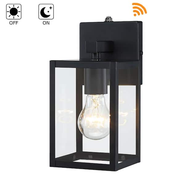 Hukoro 10 in. Black Dusk to Dawn Outdoor Hardwired Wall Lantern Sconce with Clear Glass Shade and No Bulbs Included
