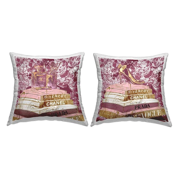 Stupell Industries Pink Fashion Glam Book Stacks Perfume Heel Printed Pillow Pink Square Outdoor Throw Pillow 2-Pack