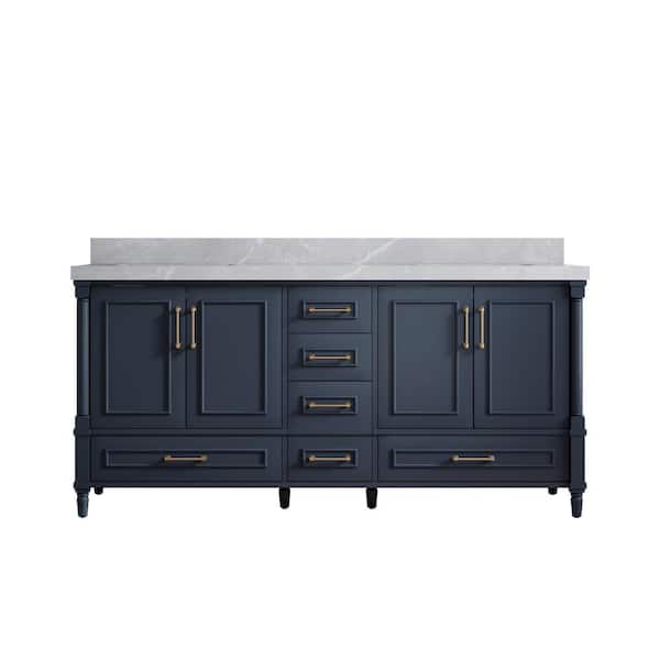 Willow Collections Hudson 72 in. W x 22 in. D x 36 in. H Double Sink Bath Vanity in Navy Blue with 2" Pearl Gray Top