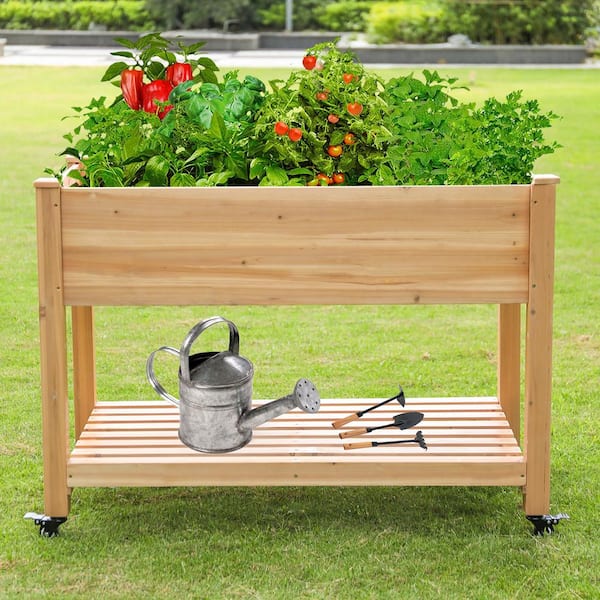 Gymax Raised Garden Bed Wood Elevated Planter Bed w/Lockable Wheels Shelf & Liner