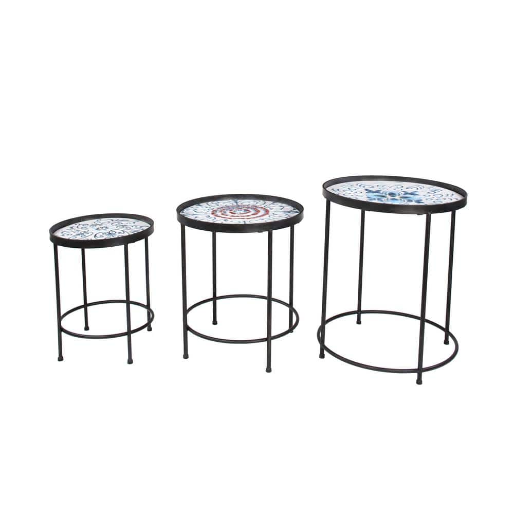 LITTON LANE Multicolored Round Floral Patterned Nesting Accent Tables ...
