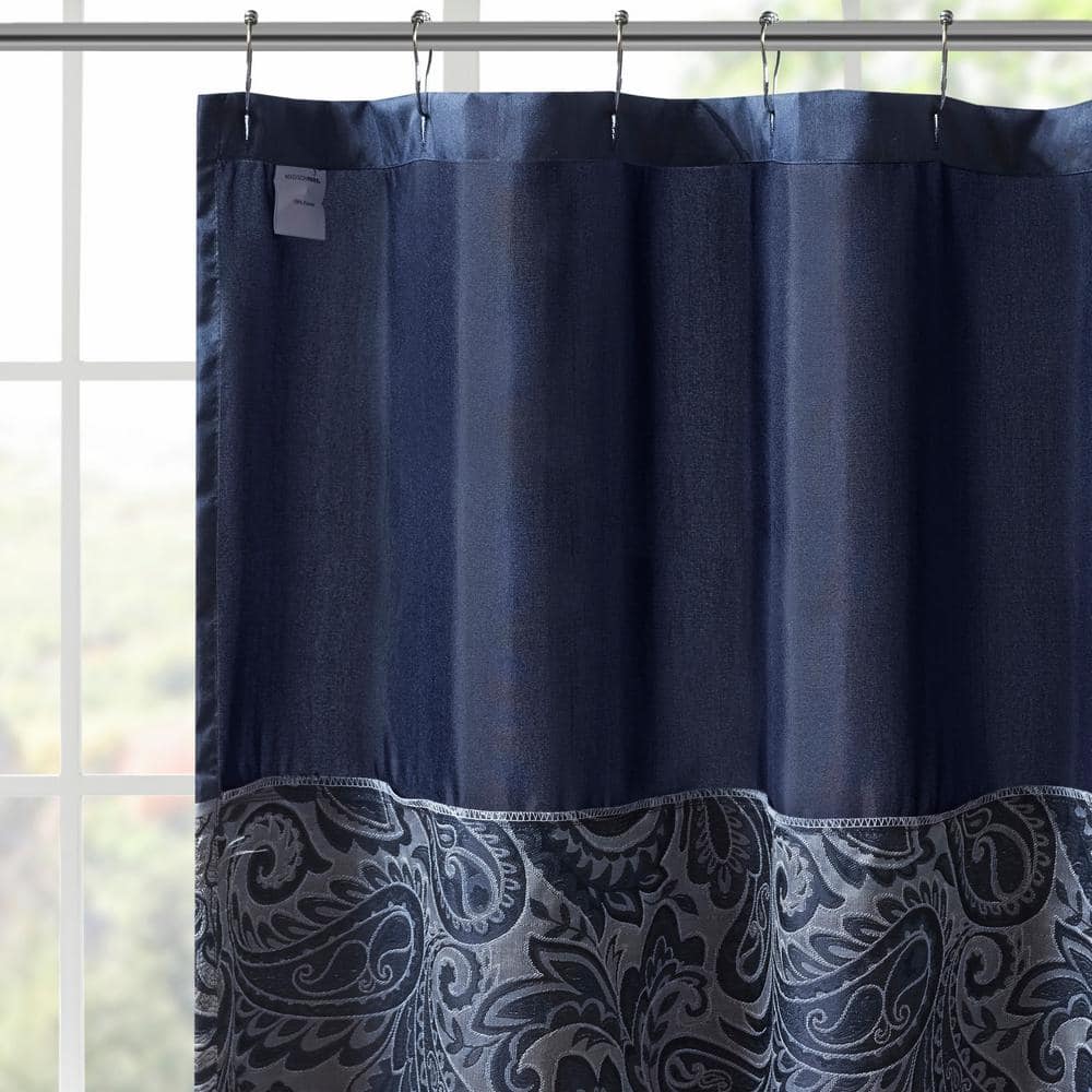 Navy Paisley Jacquard Shower Curtain with Color Block Panel