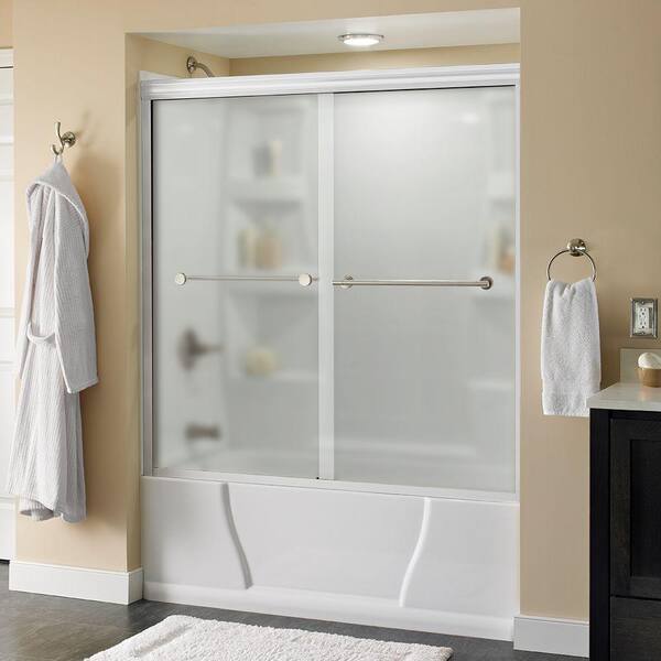 Delta Lyndall 60 in. x 58-1/8 in. Semi-Frameless Traditional Sliding Bathtub Door in White and Nickel with Niebla Glass