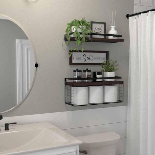 15.7 in. W x 6.7 in. D Brown Wood Bathroom Shelves Over Toilet Floating Farmhouse Set of 2 Decorative Wall Shelf