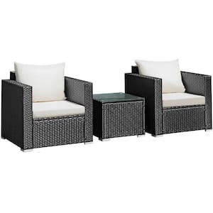 3-Piece PE Wicker Outdoor Patio Conversation Sofa Set with Off White Cushions