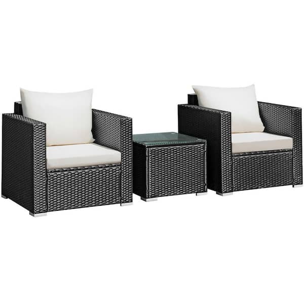 ANGELES HOME 3-Piece PE Wicker Outdoor Patio Conversation Sofa Set with Off White Cushions