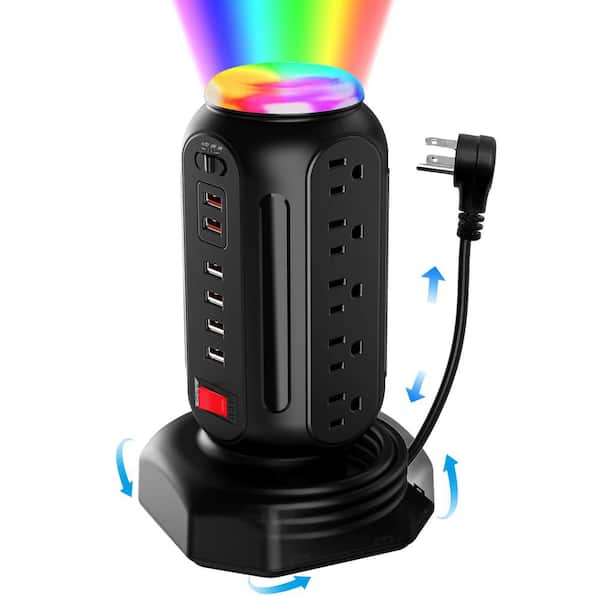 Lukyamzn 6.5 ft. Heavy Duty Extension Cord 15-Outlet Power Strip Tower Surge Protector in Black with LED Light and 6 USB Ports