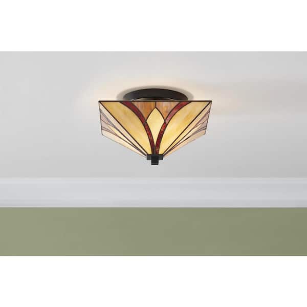 Home Decorators Collection Margrave 12 in. 2-Light Matte Black Semi-Flush Mount with Tiffany Glass Shade