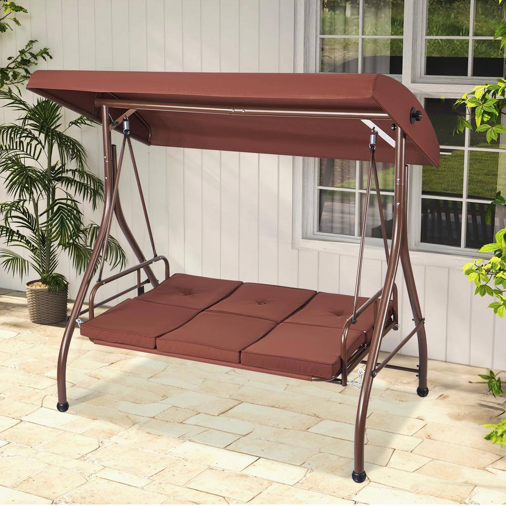 Brown Alloy Steel 3-Seat Patio Swing Chair with Adjustable Canopy