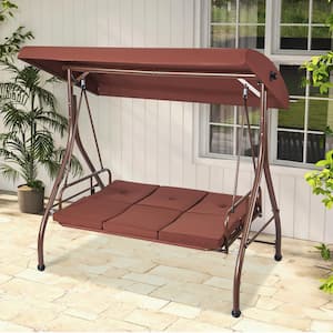 3-Seat Patio Swing Chair Converting Canopy Swing Outdoor Patio Porch with Steel Adjustable Canopy Removable Thick