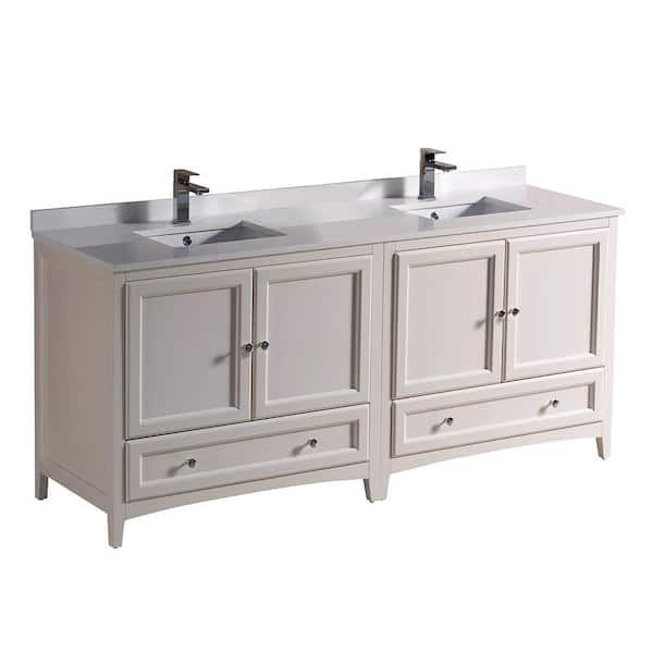 Fresca Oxford 72 in. Double Vanity in Antique White with Quartz Stone Vanity Top in White with White Basins