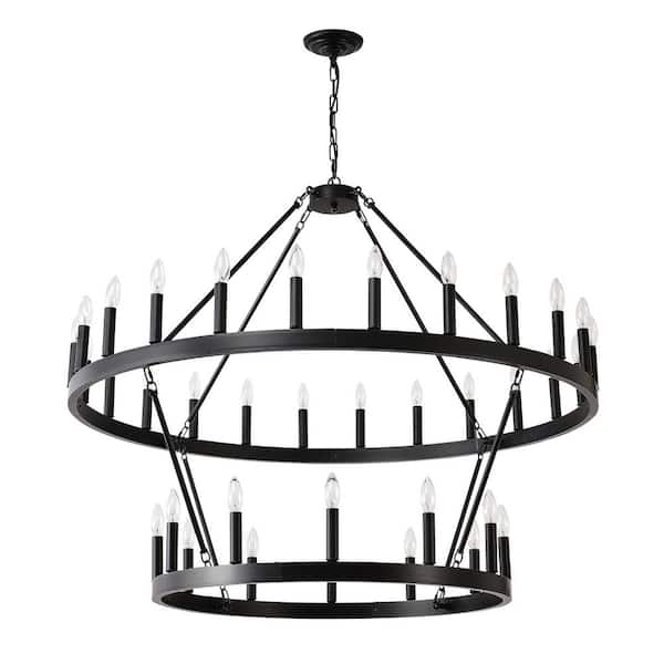 Unbranded 48 in. 36-Light Black Large Farmhouse Chandelier, 2-Tier Industrial Ceiling Light for Foyer Stairway, Bulb not Included