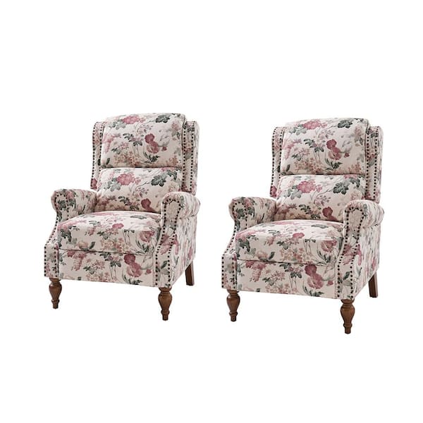 JAYDEN CREATION Sharon Floral Traditional Solid Wood Foot Cutaway Arms with Nailheads Manual Recliner Set of 2