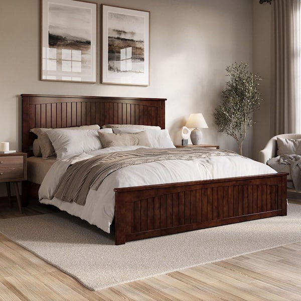 Naples Walnut Brown Solid Wood Frame King Low Profile Platform Bed with Matching Footboard