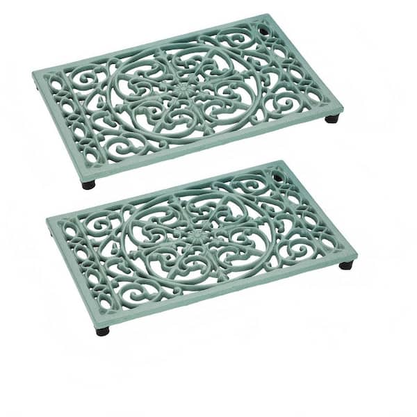 9.5 in. L x 6.3 in. W Rectangle Cast Iron Trivet, Heat Resistant Trivet for Hot Dish, Pot, Plate, Teapot, Green (2-Pack)