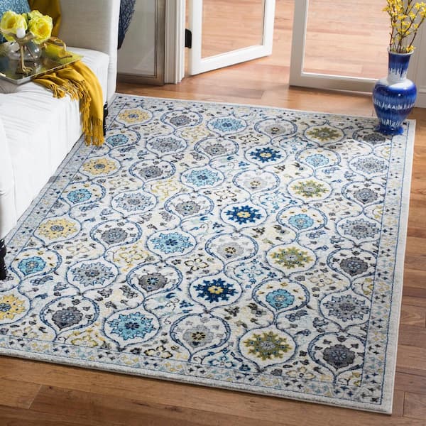 Evoke Ivory/Blue 7 ft. x 9 ft. Border Distressed Geometric Area Rug