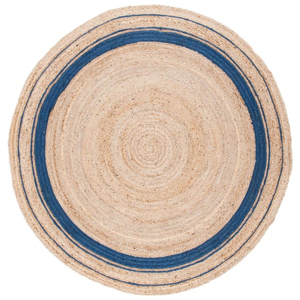 SAFAVIEH Natural Fiber Navy/Beige 6 ft. x 6 ft. Striped Border Round Area Rug