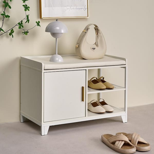 VECELO White Entryway Bench Shoe Storage Cabinet with Removable Seat Cushion Ottoman