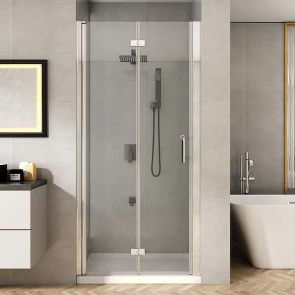 TOOLKISS 34 to 35-1/2 in. W x 72 in. H Bi-Fold Frameless Shower Doors in Chrome with Clear Glass