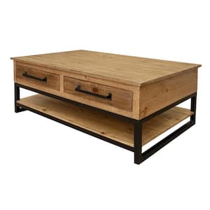 Tuba 30.5 in. Brown and Black Rectangle Wood Coffee Table with 4 Drawers and Iron Legs