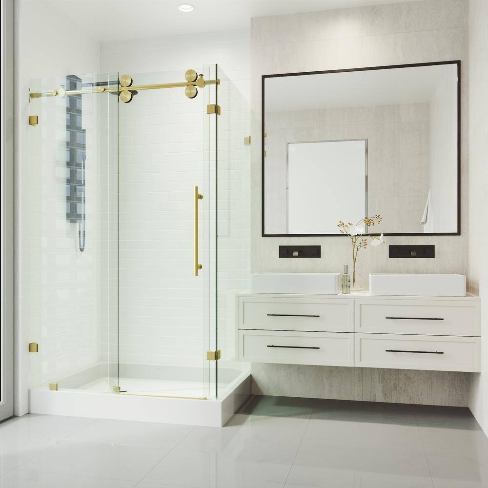 Winslow 48" Matte Brushed Gold Frameless Sliding Shower Enclosure with Clear Glass