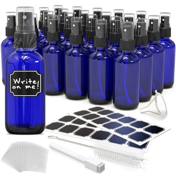 4 oz. Glass Spray Bottles with Funnel, Brush, Marker and Labels - Blue (Pack of 24)