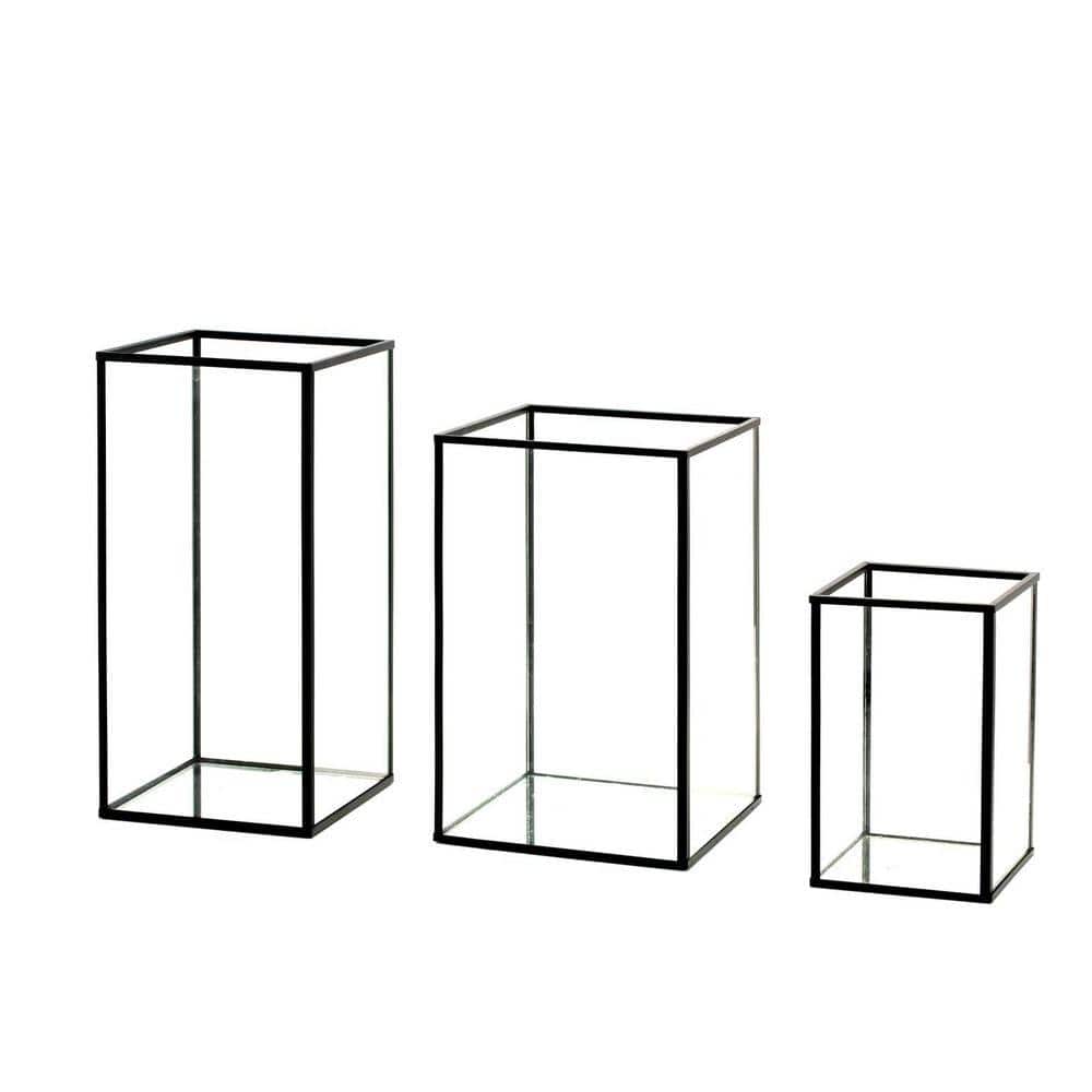 Set of 3 Black Glass Hurricane Candle Holders Square Lanterns