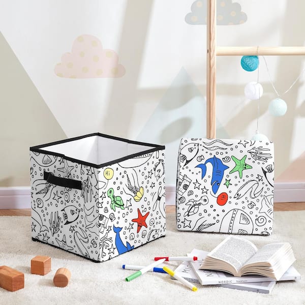 Kid's White Coloring Storage Cube Bin with lids including 4 Pack of  Washable Markers