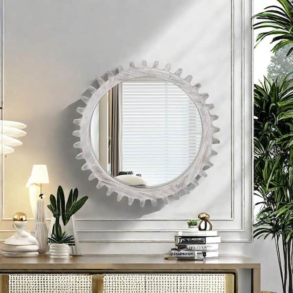 Gear Shape 26 in. W x 26 in. H Round Wood Framed Decorative Mirror Wall Bathroom Vanity Mirror in Antique Whitewashed